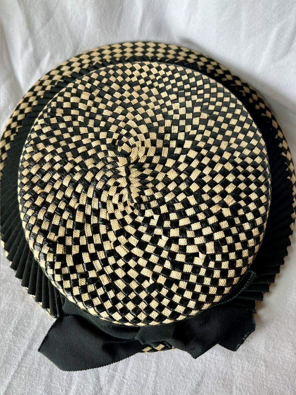 Vintage Black and Natural Woven Straw Hat